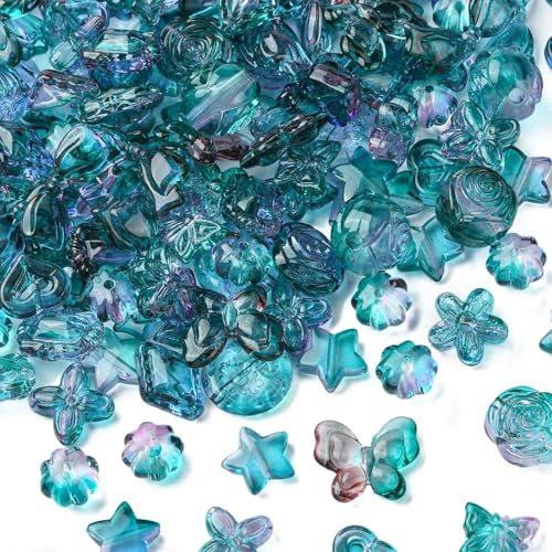 KitBeads 340 Stück zufällige lila blaue Schmetterlings-Perlen aus Acryl, Herz, Stern, Blumen, sortiert, violett, blaue Perlen für Schmuckherstellung, Armbänder, Halsketten von KitBeads