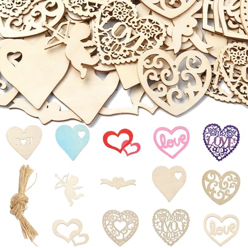 KitBeads 40 Stück zufällige Holzherzausschnitte, blanko, unlackiert, Liebesengel, Holzausschnitte, hohl, Holzherz, Ornament zum Basteln, Malen, DIY-Dekor von KitBeads