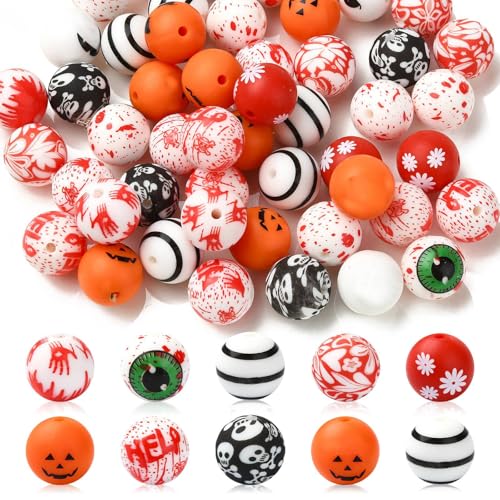 KitBeads 50 Stück 15 mm zufällige Halloween-Silikonperlen Augapfel Kürbis runde Perlen blutige Handabdruckperlen für Schlüsselanhänger, Schmuckherstellung, Stifte, Großpackung von KitBeads