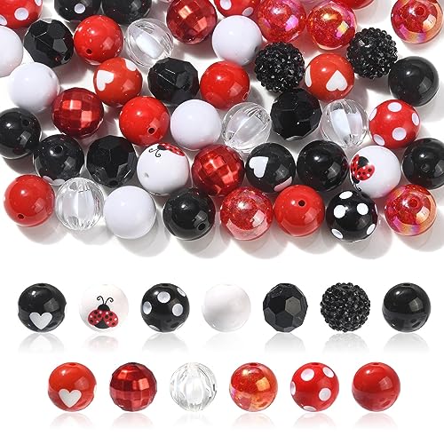 KitBeads 50 Stück 20 mm bunte klobige Perlen schwarz rot Marienkäfer Kaugummiperlen gemischte Stile Acryl runde Kugel Kaugummi-Perlen für Schmuckherstellung von KitBeads