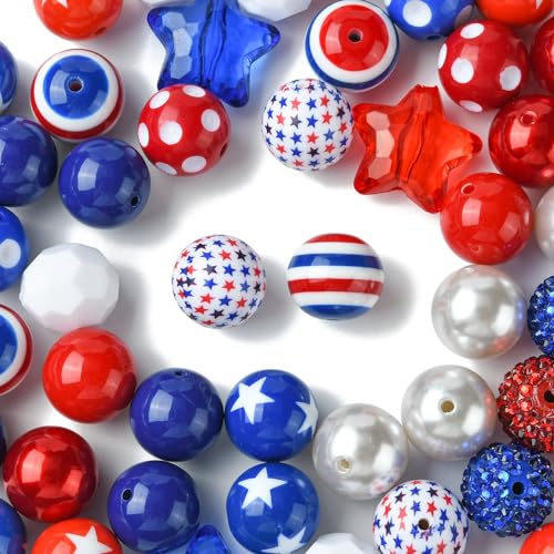 KitBeads 50 Stück 20 mm große, amerikanische Kaugummi-Perlen, blau und rot, US-Unabhängigkeitstag, runde Gummibälle für Schmuckherstellung, Großpackung von KitBeads