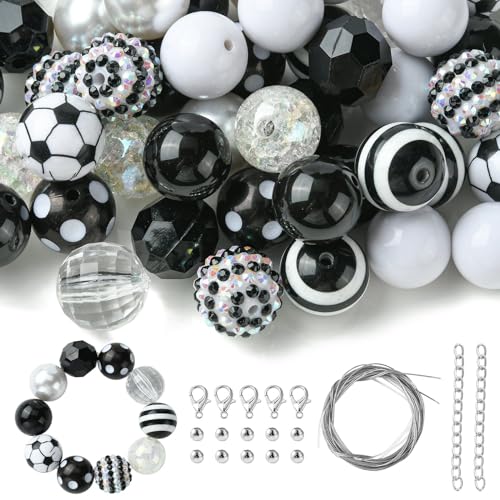 KitBeads 50 Stück 20 mm schwarze und weiße klobige Kaugummi-Perlen, rauchfarben, Fußball, runde Gummibälle, klobige Perlen für Schmuckherstellung, Großpackung von KitBeads