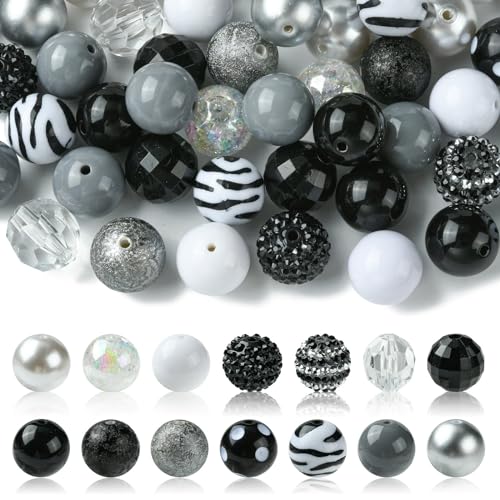 KitBeads 50 Stück 20 mm schwarze und weiße klobige Perlen, gestreift, Acryl, rund, Kaugummi-Perlen für Stifte, Bastelarbeiten, Großpackung von KitBeads