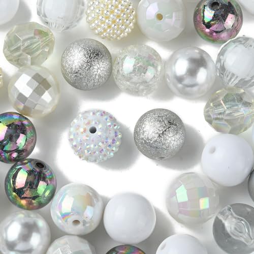 KitBeads 50 Stück 20 mm zufällige silberfarbene Kaugummi-Perlen, rund, weiß, klobige Perlen, schillernde Disco-Kugel für Schmuckherstellung, Großpackung von KitBeads