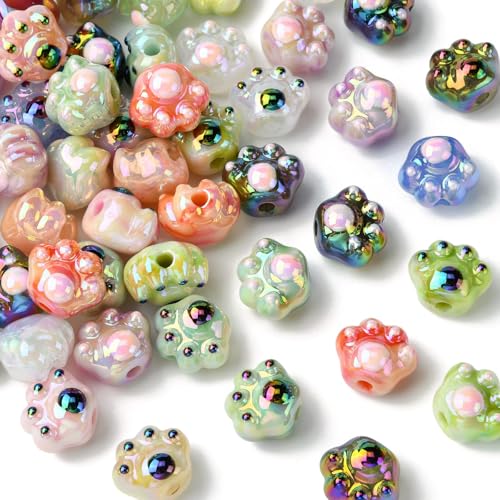 KitBeads 50 Stück Zufällige Pfotenabdruck-Perlen aus Acryl mit Fußabdruck, Tierperlen, AB-Farbe, Haustier-Welpenpfoten-Perlen für Schmuckherstellung, Armband, Basteln, Großpackung von KitBeads