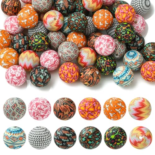 KitBeads 50 Stück zufällige 15 mm Leopardenmuster Silikonperlen Herbst Herbst Focal Perlen Floral Aniaml Print Boho Runde Perlen für Schlüsselanhänger, Stifte, Basteln, Bulk von KitBeads