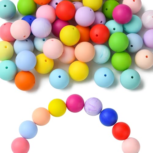 KitBeads 50 Stück zufällige 19 mm runde Silikon-Fokal-Perlen, bunte große Kugel-Gummiperlen für Stifte, Schlüsselanhänger, Armbänder, Basteln, Großpackung von KitBeads