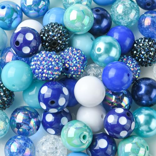 KitBeads 50 Stück zufällige 20 mm Acryl-Bubblegum-Perlen, Strass, klobige Perlen, blau, große Gummibärchen für Schlüsselanhänger, Schmuckherstellung, Stifte, Armbänder, Großpackung von KitBeads