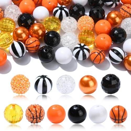 KitBeads 50 Stück zufällige 20 mm Kaugummi-Basketball-Perlen, Acryl, Knistern, klobige Perlen, Basketball, Kaugummi-Perlen für Stifte, Basteln, Armbänder, Großschmuck von KitBeads