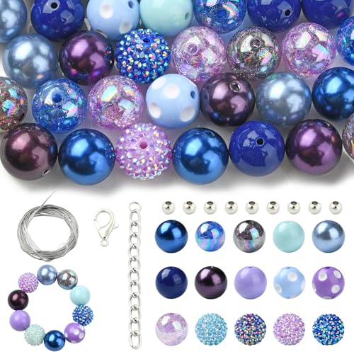 KitBeads 50 Stück zufällige 20 mm blau-violette Kaugummi-Perlen aus Acryl mit Strass, klobige Discoperlen, runde Discoperlen für Schmuckherstellung, Stifte, Schlüsselanhänger, Handwerk, Großpackung von KitBeads