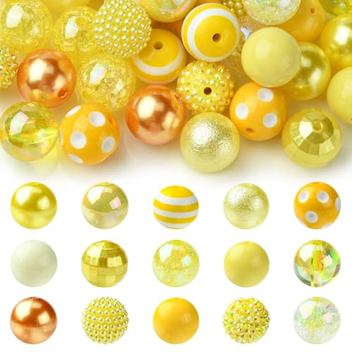 KitBeads 50 Stück zufällige 20 mm gelbe Kaugummi-Perlen, rund, facettiert, Strass, klobige Kaugummi-Perlen für Schmuckherstellung, Schlüsselanhänger, Stifte, Kits von KitBeads