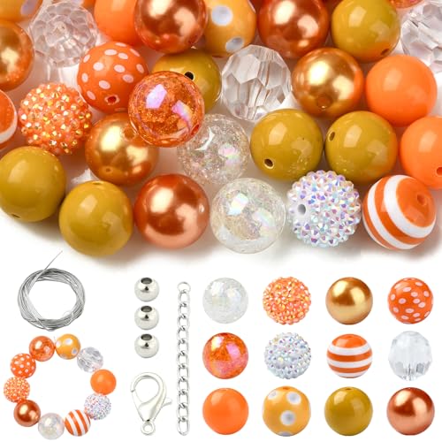 KitBeads 50 Stück zufällige 20 mm orangefarbene Kaugummi-Perlen aus Acryl mit Strass, klobige Discoperlen, runde Discoperlen für Schmuckherstellung, Stifte, Schlüsselanhänger, Handwerk, Großpackung von KitBeads