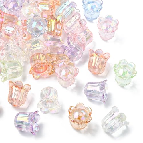 KitBeads 50 Stück zufällige Acryl-Trompeten-Perlen, AB-Farbe, Glockenperlen, transparente Blumen-Perlenkappen für Schmuckherstellung, Armbänder, Halsketten, Handwerk, Großpackung von KitBeads