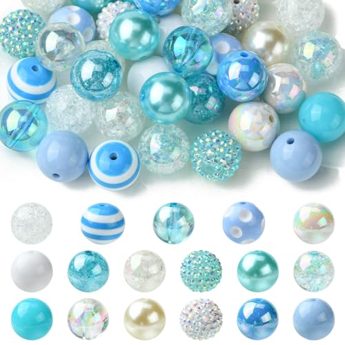 KitBeads 50 Stück zufällige blaue Kaugummi-Perlen, Acryl, Ozean, grobe Strassperlen, große Gummibälle für Schmuckherstellung, Schlüsselanhänger, Armbänder, Handwerk, Großpackung von KitBeads