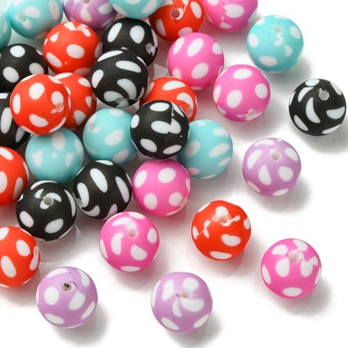 KitBeads 50 Stück zufällige runde Silikonperlen, 15 mm, romantische runde Kugelperlen, Punktmuster, Fokusperlen für Schlüsselanhänger, Schmuckherstellung, Perlenstifte, Großpackung von KitBeads