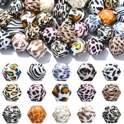 KitBeads 50pcs 14mm Random Hexagon Silicone Beads Colorful Animal Print Beads Cute Jungle Animal Silicone Beads for Bracelets Jewellery Making Bulk von KitBeads