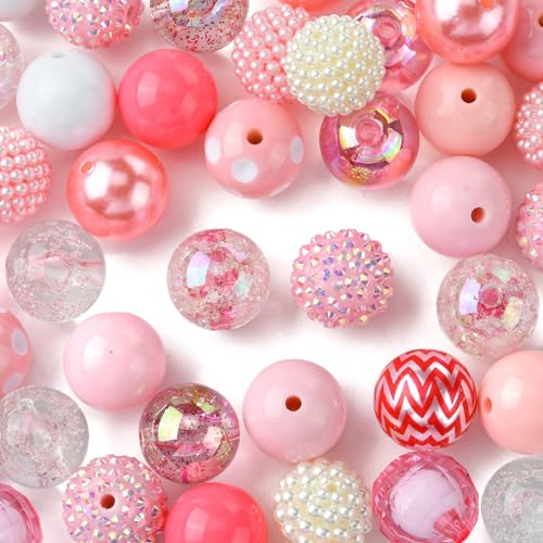 KitBeads 50pcs 20mm Random Pink Bubblegum Beads Colorful Disco Crackle Chunky Beads Kawaii Pinky Round Gum Ball Beads for Jewellery Making Craft von KitBeads