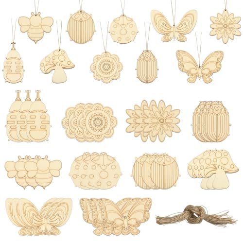 KitBeads 60 Stück 10 Stile Frühlingsholzausschnitte Schmetterling Pilz lasergeschnittene Holzblumen unlackierte Insekten Holzausschnitte Oranamente zum Basteln von KitBeads