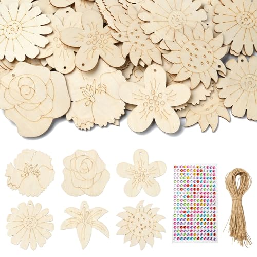 KitBeads 60 Stück 12 Stile Schmetterling Holzausschnitte Pflanze Tier Holz Ornamente Ananas Marienkäfer Blume Holzausschnitte zum Basteln hängende Dekorationen von KitBeads