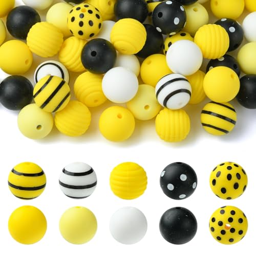 KitBeads 70 Stück zufällige 15 mm gelbe Silikonperlen, runde Fokusperlen, Gummi-Punkte, Druck-Bienenperlen für Schlüsselanhänger, Schmuckherstellung, Stifte, Armbänder, Basteln von KitBeads