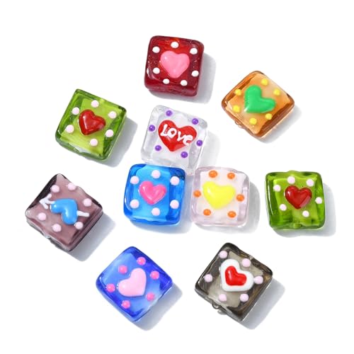 KitBeads 9 Stück 9 Farben Lampwork Quadratische Herzperlen Handgefertigte Glasperlen Dot Love Heart Perlen für Schmuckherstellung Armbänder Halsketten Bulk von KitBeads