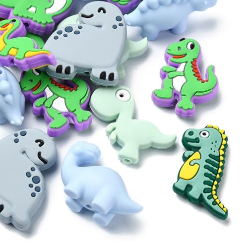 KitBeads Dinosaurier-Perlen aus Silikon, bunt, Sommer-Tier-Fokal-Perlen, niedlich, flache Rückseite, Dinosaurier-Form, Perlen, für Schmuckherstellung, 16 Stück von KitBeads