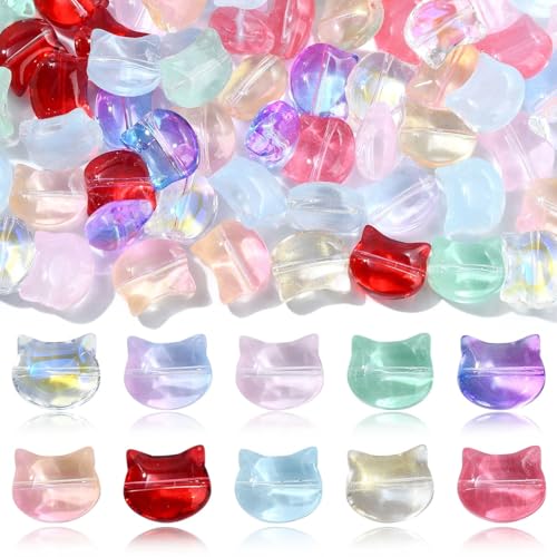 KitBeads Glas-Katzenperlen in 10 Farben, Lampwork-Tierkopf-Perlen, transparent, für Schmuckherstellung, Armbänder, Halsketten, 100 Stück von KitBeads