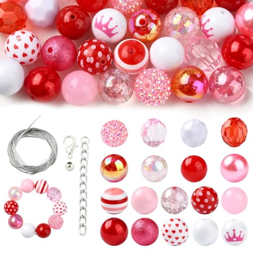 KitBeads Rote Kaugummi-Perlen, 50 Stück, zufällige 20 mm, rote, grobe runde Kugelperlen, rosa und rote Strass, Kaugummi-Perlen für Schmuck, Schlüsselanhänger, Stifte, Basteln, Großpackung von KitBeads