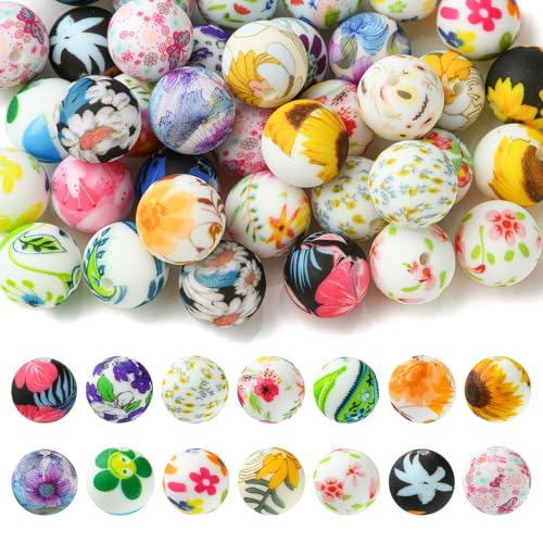 KitBeads Silikonperlen mit zufälligem Druck, 15 mm Durchmesser, runde Perlen, Blumen-Perlen, Gummiperlen für Schmuckherstellung, Schlüsselanhänger, Perlenstifte, Handwerk, Großpackung, 50 Stück von KitBeads