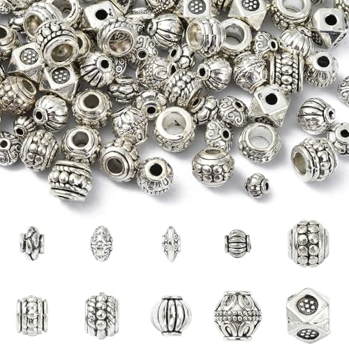 KitBeads Tibetische Säulen-Perlen, gemischte Formen, Antik-Silber, runde Abstandshalter, Metallrohr, Würfelperlen, für Schmuckherstellung, Armbänder, Basteln, 100 Stück von KitBeads