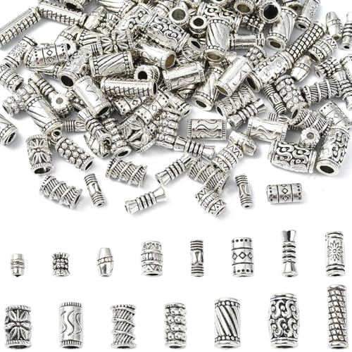 KitBeads Tibetische lange Röhrenperlen, Antik-Silber, gestreift, Spaltenperlen, Metall, Blumenfass-Abstandshalter für Schmuckherstellung, Haarzöpfe, Armbänder, 150 Stück von KitBeads