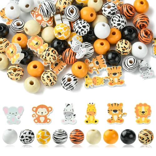 Kitbeads 100 Stück 15 Stile Holzperlen mit Tierdruck, Dschungeltiere, runde Perlen, gelbe Tiger, Löwe, Holzperlen für Schmuckherstellung, Armband, Halskette, Großpackung von KitBeads