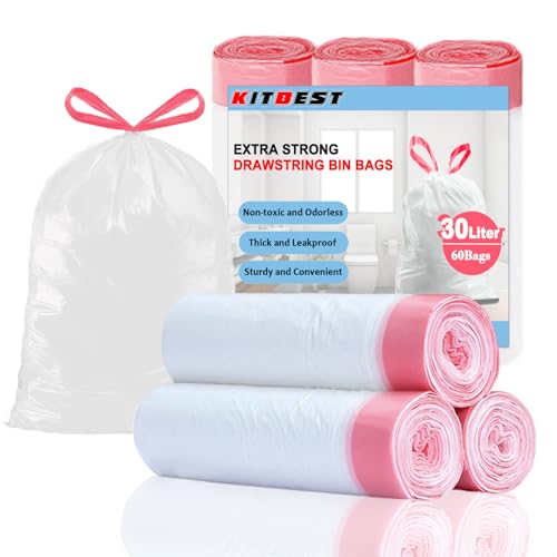 Zugband Müllbeutel Müllsäcke 30 Liter (3 x 20 Beutel), KITBEST Starke Mülltüten Abfallbeutel Mülleimerbeutel für den Hausmüll, reißfest und wasserdicht (60cm × 65cm, Weiß) von Kitbest