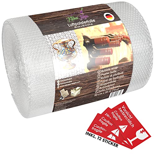 Kitchen Helpis® Strapazierfähige Luftpolsterfolie 50 m x 50 cm, Verpackungsfolie (echte 75 µ stark/ 3-lagig), Luftpolster schützen zerbrechliche Gegenstände, Bubble Wrap reißfest, Polsterfolie von Kitchen Helpis