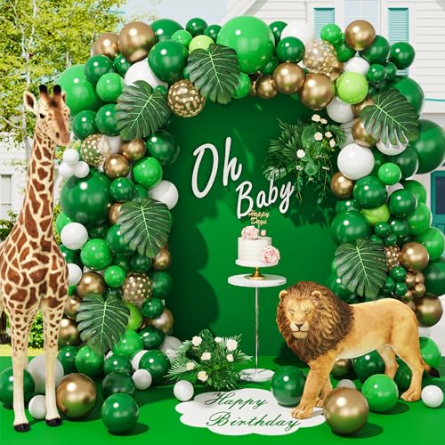 Kitchown Grün Ballon Girlande Dekoration Kit 140pcs Green Luftballon Safari Junge Mädchen Geburtstagdeko Party Dinosaurier Thema Latex Ballons für Dschungel Baby Shower, Wild One Geburtstag Party von Kitchown