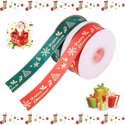 50 Yards Schleifenband Weihnachten Breit 25mm Geschenkband Rot Grün Geschenksband Set für Geschenkverpackung Weihnachten Hochzeit Geburtstag (25 Yards/Rollen) von Kitnelw