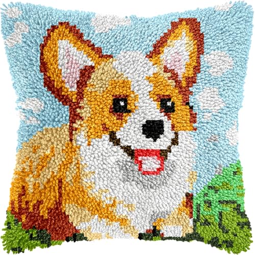 Diy Knüpfen Set Erwachsene Corgi Tier Knüpfhaken Kits Kissen Bedrucktes Kissen Häkelgarn Haken Und Knüpfset Kissenbezug Teppich Wohndeko 17x17in von Kitquiver