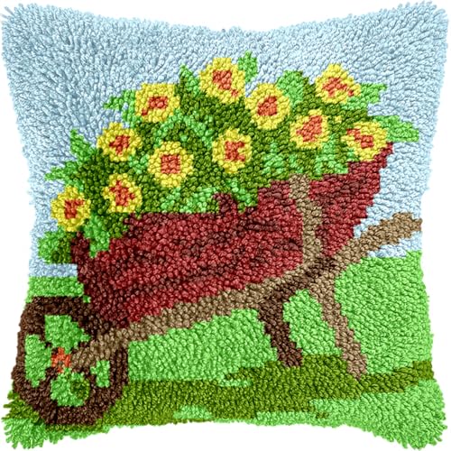 Diy Knüpfen Set Erwachsene Knüpfhaken-Set Mit Blumen Auf Cartoon-Auto, Kissen, Diy-Teppich, Häkelnadel, Kissenherstellungs-Set Mit Vorgedruckter Musterleinwand 17x17in von Kitquiver