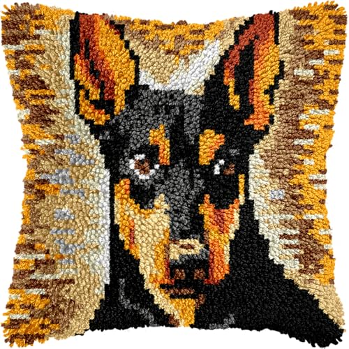 Diy Knüpfkissen Mit Vordruck Dobermann Pinscher Tier Diy Latch Hook Kits Kissenbezug Stickerei, Stricken, Geschenk Für Erwachsene/Anfänger 17x17in von Kitquiver