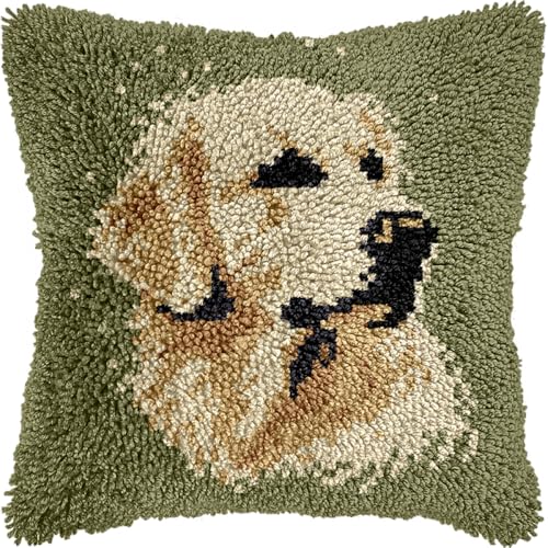 Diy Knüpfkissen Mit Vordruck Golden Retriever Hund Tierporträt Häkeln Handarbeit Handwerk Mit Knüpfhaken Werkzeug Für Erwachsene Diy Handgefertigte Home Kissen Kits Dekor 17x17in von Kitquiver