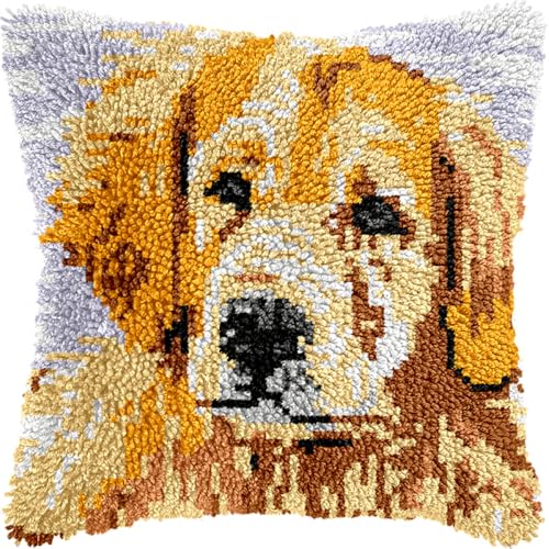 Diy Knüpfkissen Mit Vordruck Golden Retriever Tier Knüpfhaken Set Kissen Home Decor Besticktes Kissen Set, Stickset Für Anfänger Und Erwachsene 17x17in von Kitquiver