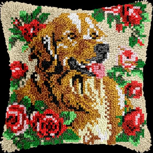 Diy Knüpfkissen Set Golden Retriever Hund Tiere Und Blumen Knüpfset Für Teppich Für Anfänger Knüpfset Für Kissen Aus Canvas Für Erwachsene Anfänger 17x17in von Kitquiver