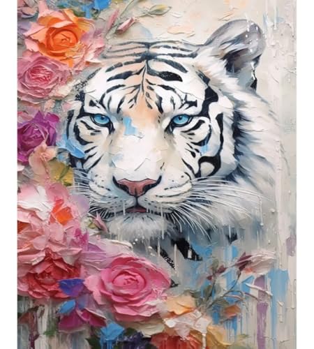 Kitquiver DIY 5D Diamond Painting Bilder Weißer Tiger Und Blumen，Diamantmalerei，Fantasietiere，5D-Diamantmalerei-Set，Bunte Strass-Kunst-Sets Für Anfänger，Heimdekorationsgeschenke 30x40cm von Kitquiver