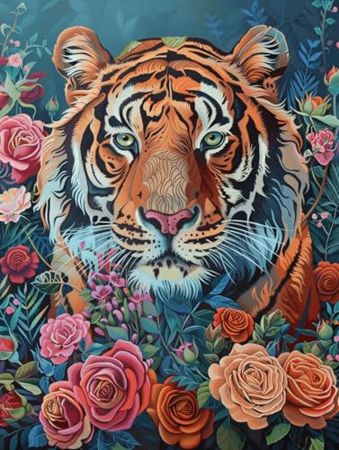 Kitquiver DIY 5D Diamond Painting Set Diamantmalerei Mit Tiger Und Blumen，Fantasietiere，Runde Vollbohr-Diamantmalerei Mit Diamanten，Edelsteinkunst Und Kunsthandwerk Für Die Wanddekoration 40x50cm von Kitquiver