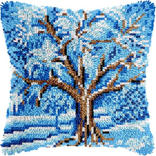 Kitquiver Diy Knüpfen Set Erwachsene Winterbaumlandschaft, Häkel-Handarbeitshandwerk Mit Knüpfhaken-Werkzeug Für Erwachsene, Diy, Handgefertigte Heimkissen-Sets, Dekoration 17x17in von Kitquiver