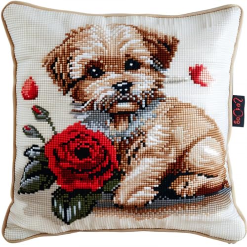 Kitquiver Diy Knüpfkissen Set Hundetier Und Blumen Knüpfhäkel-Set Für Erwachsene Und Anfänger,Stickerei-Häkelset,Diy-Kissenbezug-Sets B 17x17In von Kitquiver