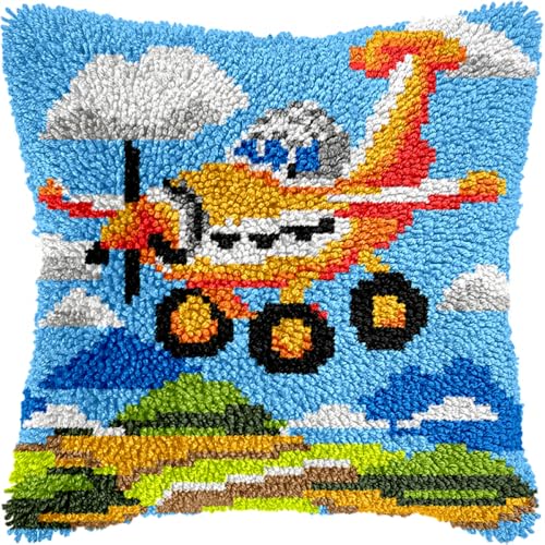 Kitquiver Diy Knüpfkissen Set Knüpfhaken-Set Mit Cartoon-Flugzeug, Kissen, Diy-Teppich, Häkelnadel, Kissenherstellungs-Set Mit Vorgedruckter Musterleinwand 17x17in von Kitquiver