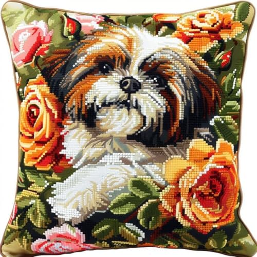 Kitquiver Diy Knüpfstern Hundetier Und Blumen Knüpfkissen-Sets,Grobes Kreuzstich-Set,Diy-Stickerei-Nadelspitzen-Kit Für Heimdekoration B 17x17In von Kitquiver