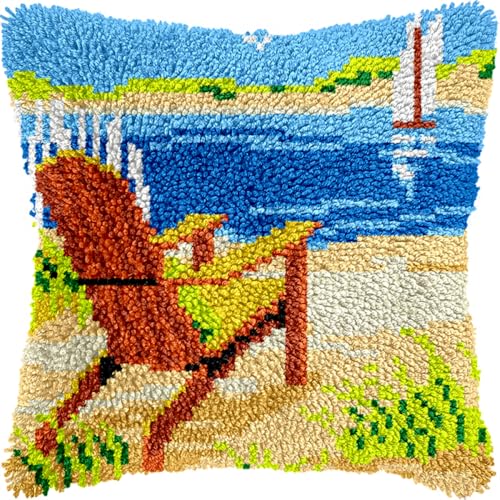 Kitquiver Diy Knüpfstern Loungesessel-Landschaft Am Meer, Häkel-Handarbeitshandwerk Mit Knüpfhaken-Werkzeug Für Erwachsene, Diy, Handgefertigte Heimkissen-Sets, Dekoration 17x17in von Kitquiver