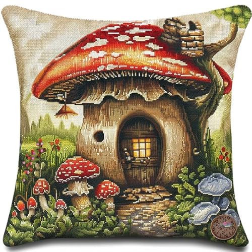 Knüpfen Kissen Set Erwachsene Pilz Knüpfen und Weben Set 43X43cm DIY Knüpfen Set Kissen Bastelset Knüpfen Handwerksset Kissen DIY Bastelset für Anfänger für die Sofa-Heimdekoration von Kitquiver